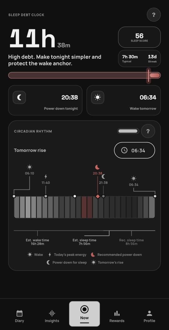 RestAscent Now screen showing Sleep Debt Clock, circadian rhythm anchors, and Sleep Score